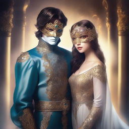 A torn-shaped opening in the fabric of reality, revealing a handsome masked prince standing confidently alongside a young woman