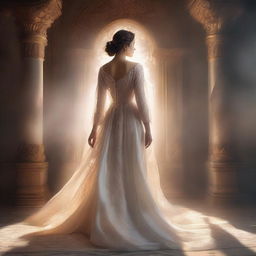 A torn-shaped opening in the fabric of reality, with a young woman stepping through it