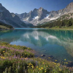 A serene, sunlit landscape studded with towering mountains and dotted with wildflowers in bloom. At the center, a sparkling, crystal-clear lake mirrors the heavens above.