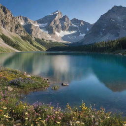 A serene, sunlit landscape studded with towering mountains and dotted with wildflowers in bloom. At the center, a sparkling, crystal-clear lake mirrors the heavens above.