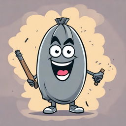 A happy trash bag character holding a shotgun with a cheerful expression