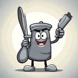 A happy trash bag character holding a shotgun with a cheerful expression