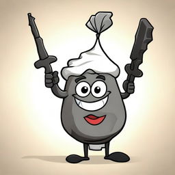 A happy trash bag character holding a shotgun with a cheerful expression