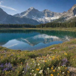 A serene, sunlit landscape studded with towering mountains and dotted with wildflowers in bloom. At the center, a sparkling, crystal-clear lake mirrors the heavens above.