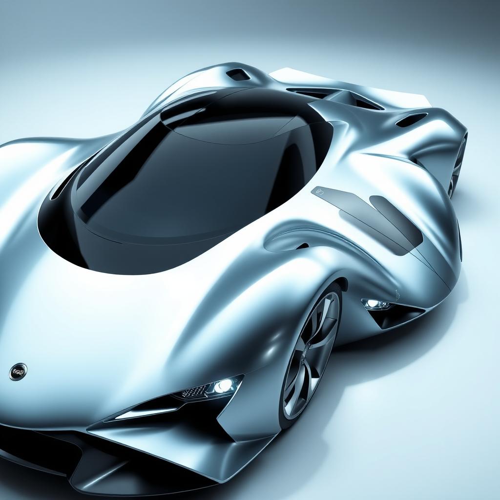 A futuristic sports car with a glossy metallic finish, lights reflecting off its surface