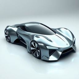 A futuristic sports car with a glossy metallic finish, lights reflecting off its surface