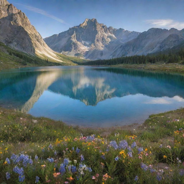 A serene, sunlit landscape studded with towering mountains and dotted with wildflowers in bloom. At the center, a sparkling, crystal-clear lake mirrors the heavens above.