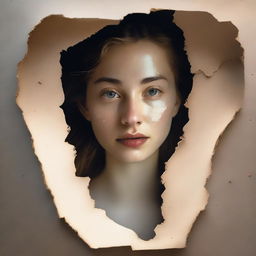 A young woman seen through a torn-shaped opening, with a torn border around the edges