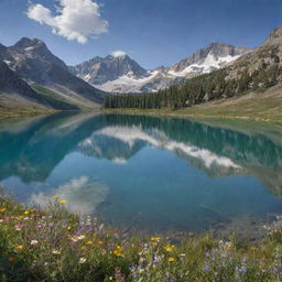 A serene, sunlit landscape studded with towering mountains and dotted with wildflowers in bloom. At the center, a sparkling, crystal-clear lake mirrors the heavens above.