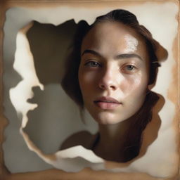 A young woman seen through a torn-shaped opening, with a torn border around the edges