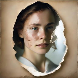 A young woman seen through a torn-shaped opening, with a torn border around the edges