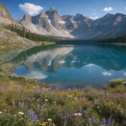 A serene, sunlit landscape studded with towering mountains and dotted with wildflowers in bloom. At the center, a sparkling, crystal-clear lake mirrors the heavens above.