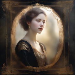 A young woman seen through a torn opening, with a torn black and gold border around the edges