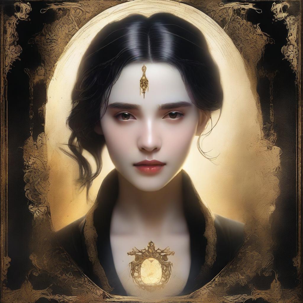 A young woman seen inside a tear, with a torn black and gold border around the opening