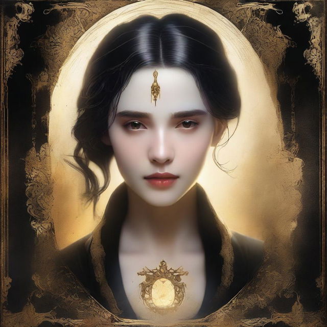 A young woman seen inside a tear, with a torn black and gold border around the opening