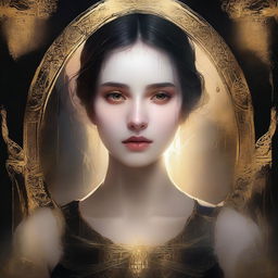 A young woman seen inside a tear, with a torn black and gold border around the opening