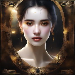 A young woman seen inside a tear, with a torn black and gold border around the opening