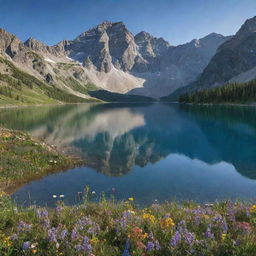 A serene, sunlit landscape studded with towering mountains and dotted with wildflowers in bloom. At the center, a sparkling, crystal-clear lake mirrors the heavens above.