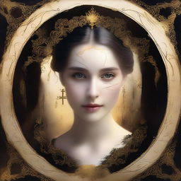 A young woman seen inside a tear in a piece of paper, with a torn black and gold border around the opening