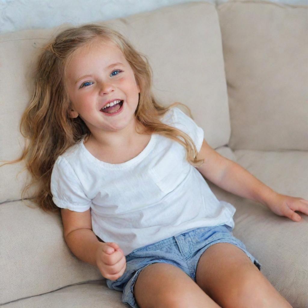 A delightful little girl with long golden hair and blue eyes, barefoot, dressed in a white shirt and shorts. She is lying down on a couch, laughing joyously.