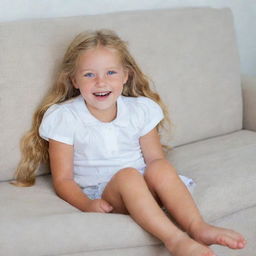 A delightful little girl with long golden hair and blue eyes, barefoot, dressed in a white shirt and shorts. She is lying down on a couch, laughing joyously.