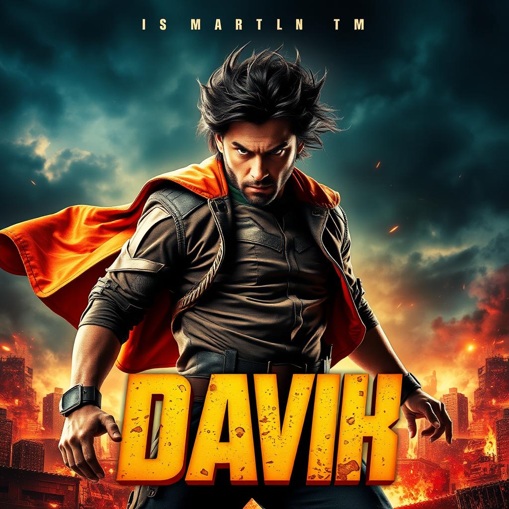 A dynamic and eye-catching movie poster featuring a heroic character in an epic pose, with a dramatic background and bold title text