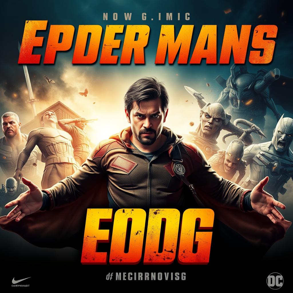 A dynamic and eye-catching movie poster featuring a heroic character in an epic pose, with a dramatic background and bold title text