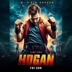 A dynamic and eye-catching movie poster featuring a heroic character in an epic pose, with a dramatic background and bold title text