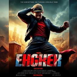 A dynamic and eye-catching movie poster featuring a heroic character in an epic pose, with a dramatic background and bold title text