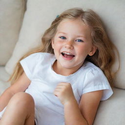 A delightful little girl with long golden hair and blue eyes, barefoot, dressed in a white shirt and shorts. She is lying down on a couch, laughing joyously.