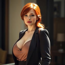 A 35-year-old woman with red hair and large breasts