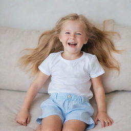 A delightful little girl with long golden hair and blue eyes, barefoot, dressed in a white shirt and shorts. She is lying down on a couch, laughing joyously.