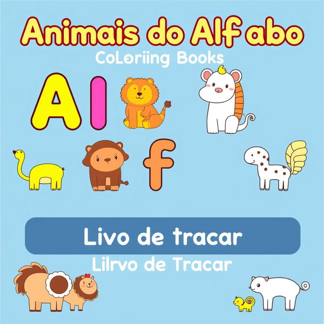 Create a children's coloring book cover with the theme 'Animais do Alfabeto - Livro de Traçar' in the size 6x9 inches