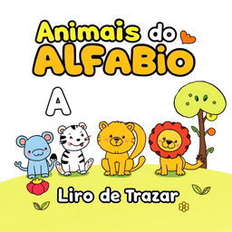 Create a children's coloring book cover with the theme 'Animais do Alfabeto - Livro de Traçar' in the size 6x9 inches