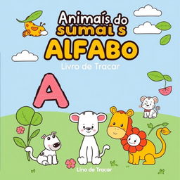 Create a children's coloring book cover with the theme 'Animais do Alfabeto - Livro de Traçar' in the size 6x9 inches