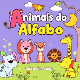 Create a children's coloring book cover with the theme 'Animais do Alfabeto - Livro de Traçar' in the size 6x9 inches