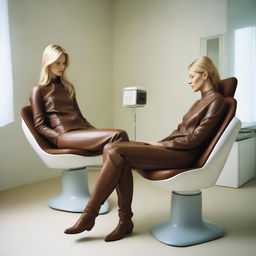 Claudia Schiffer and Iris Mittenaere are peacefully asleep in dentist chairs, wearing brown leather leggings