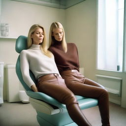 Claudia Schiffer and Iris Mittenaere are peacefully asleep in dentist chairs, wearing brown leather leggings