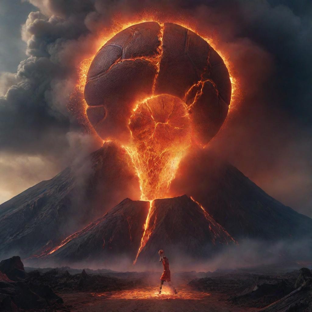 A colossal basketball powerfully erupts from an active volcano, amidst spewing lava and ash clouds, in an epic and surreal scene