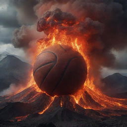 A colossal basketball powerfully erupts from an active volcano, amidst spewing lava and ash clouds, in an epic and surreal scene