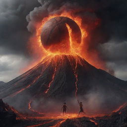 A colossal basketball powerfully erupts from an active volcano, amidst spewing lava and ash clouds, in an epic and surreal scene