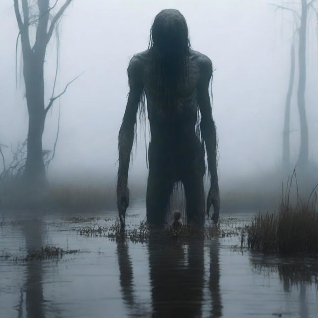 In a foggy swamp, a very tall giant with thick long hair and a small waist stands, looking down