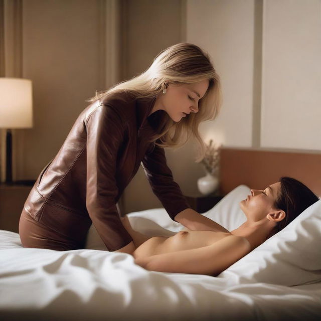 A man is gently examining Claudia Schiffer and Iris Mittenaere, who are peacefully asleep on a bed