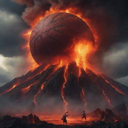 A colossal basketball powerfully erupts from an active volcano, amidst spewing lava and ash clouds, in an epic and surreal scene