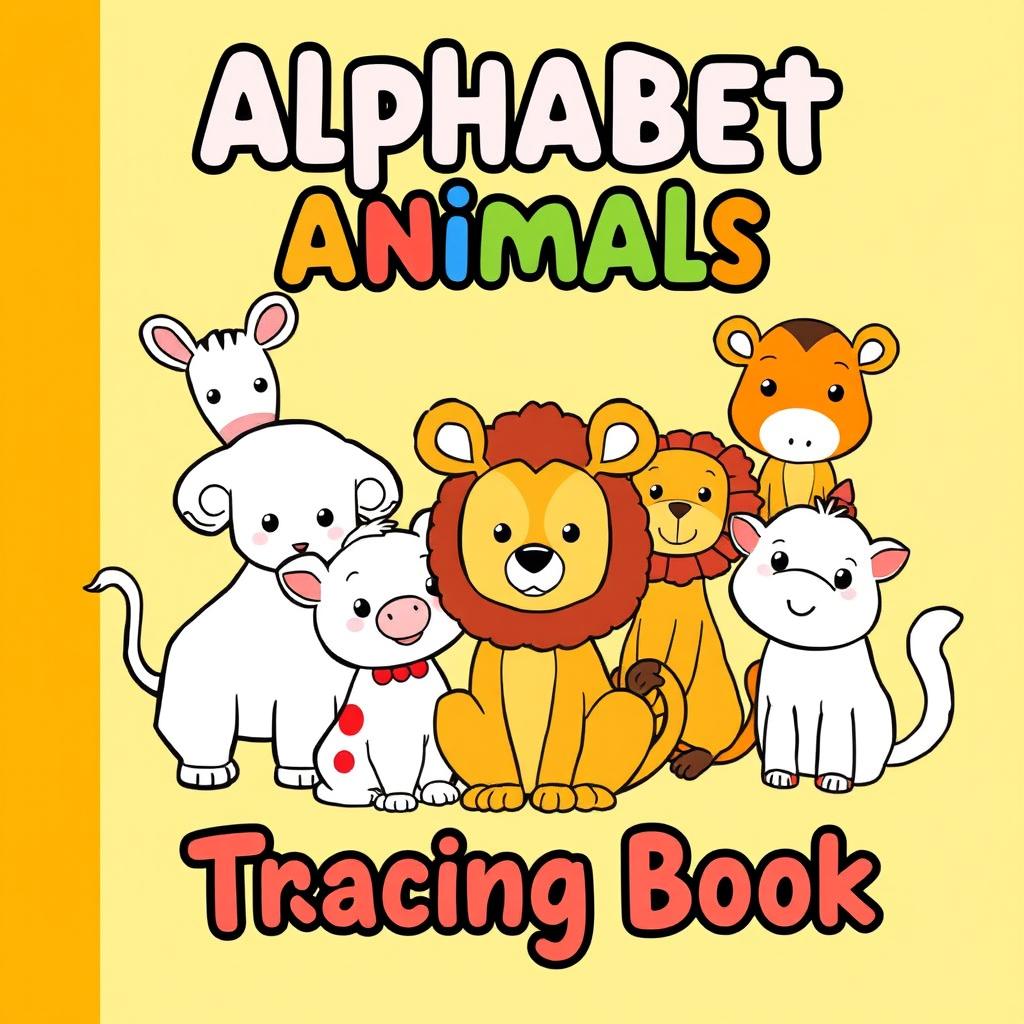 Create a children's coloring book cover with the theme 'Alphabet Animals - Tracing Book' in the size 6x9 inches