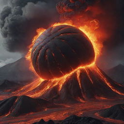 The colossal basketball dynamically curves out of the erupting volcano, spiralling towards the viewers' perspective enveloped by vibrant lava streaks and ash clouds, creating an exciting, animated, and surreal 3D scene