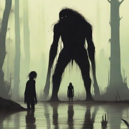 A very tall giant with a small waist, skinny and emaciated, with thick long hair and toothless, stands straddling over a tiny, short, petite man who is also skinny and emaciated