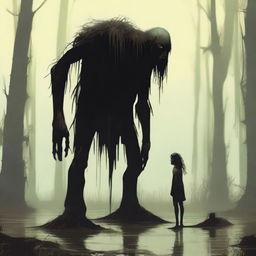 A very tall giant with a small waist, skinny and emaciated, with thick long hair and toothless, stands straddling over a tiny, short, petite man who is also skinny and emaciated