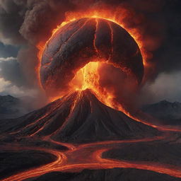 The colossal basketball dynamically curves out of the erupting volcano, spiralling towards the viewers' perspective enveloped by vibrant lava streaks and ash clouds, creating an exciting, animated, and surreal 3D scene