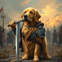 A golden retriever in detailed fighter armor, standing valiantly with a sword held in its mouth